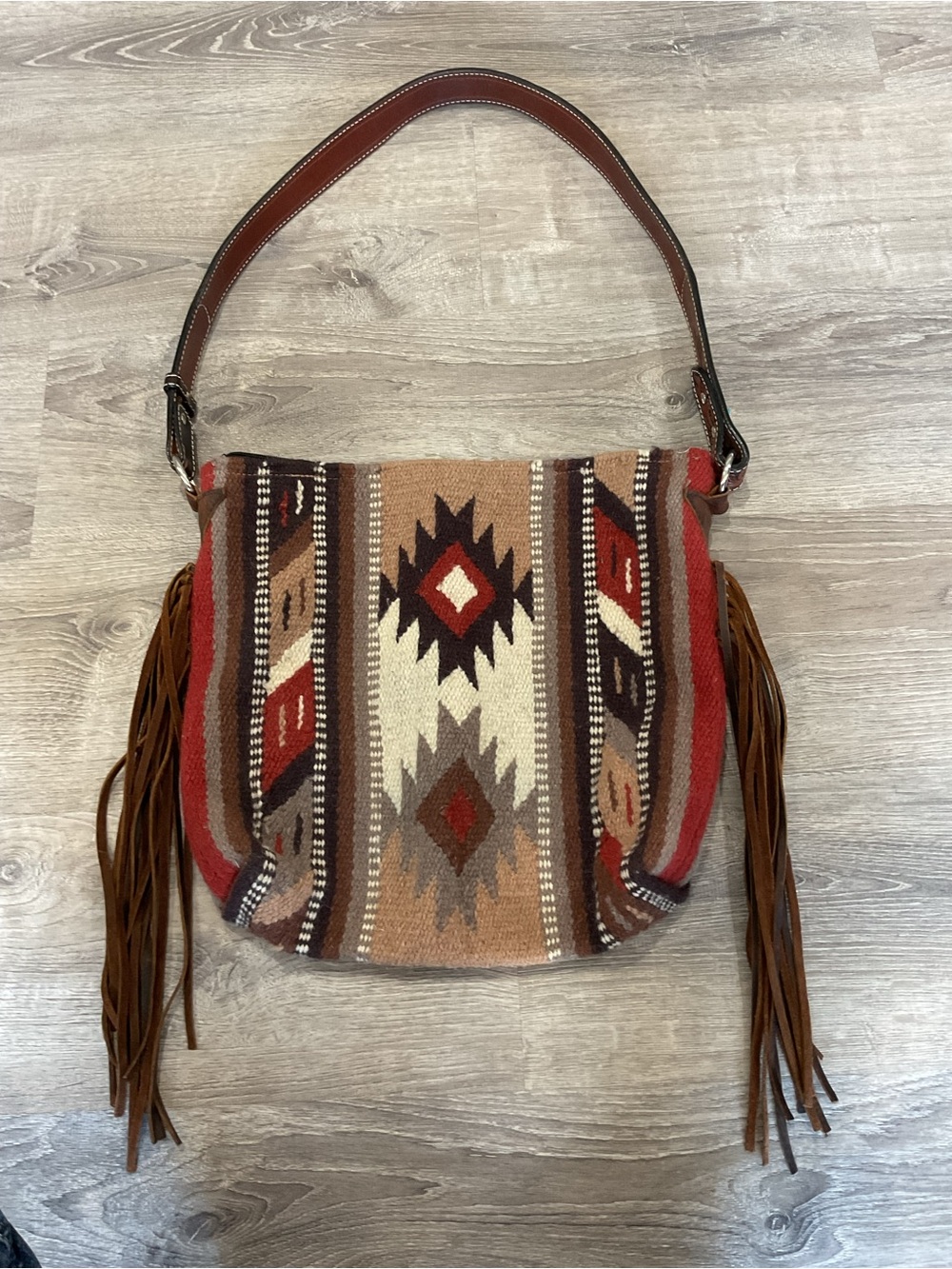 Southwestern Fringe Shoulder Bag in Red, Tan & Brown